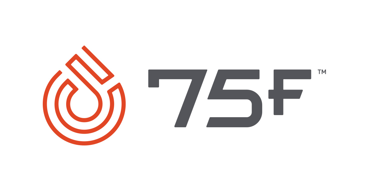 A 75F logo in orange next to the word mark design in gray on a white background.