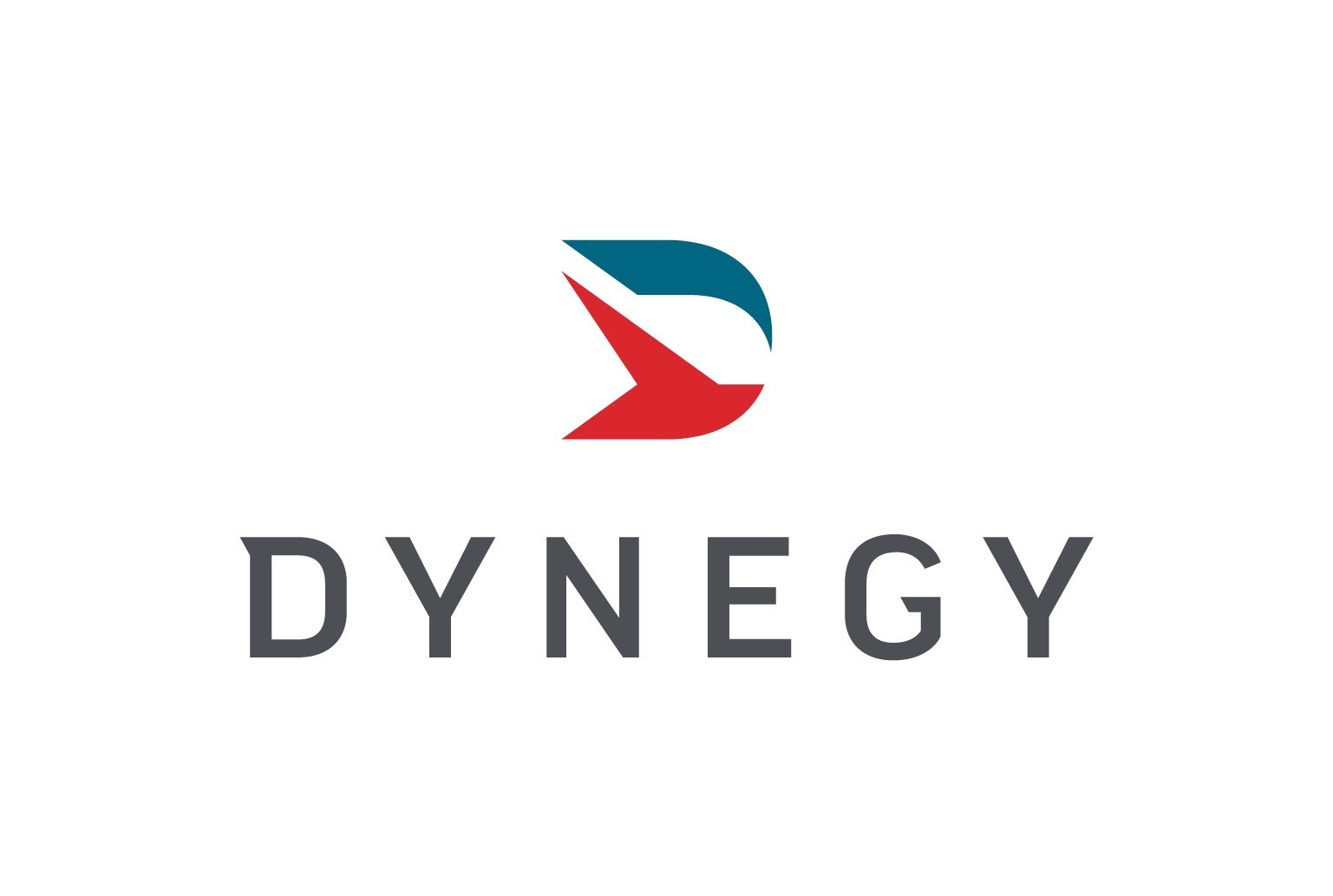 The Dynegy energy brand logo design with blue fin and red bird on white background.