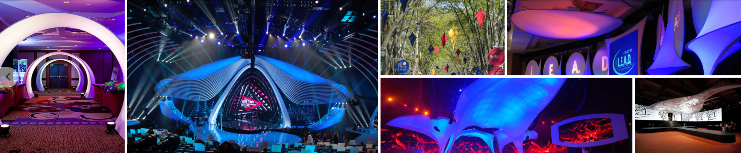 A collage of colorful retail and event stage displays for Moss event and exhibit manufacturer.