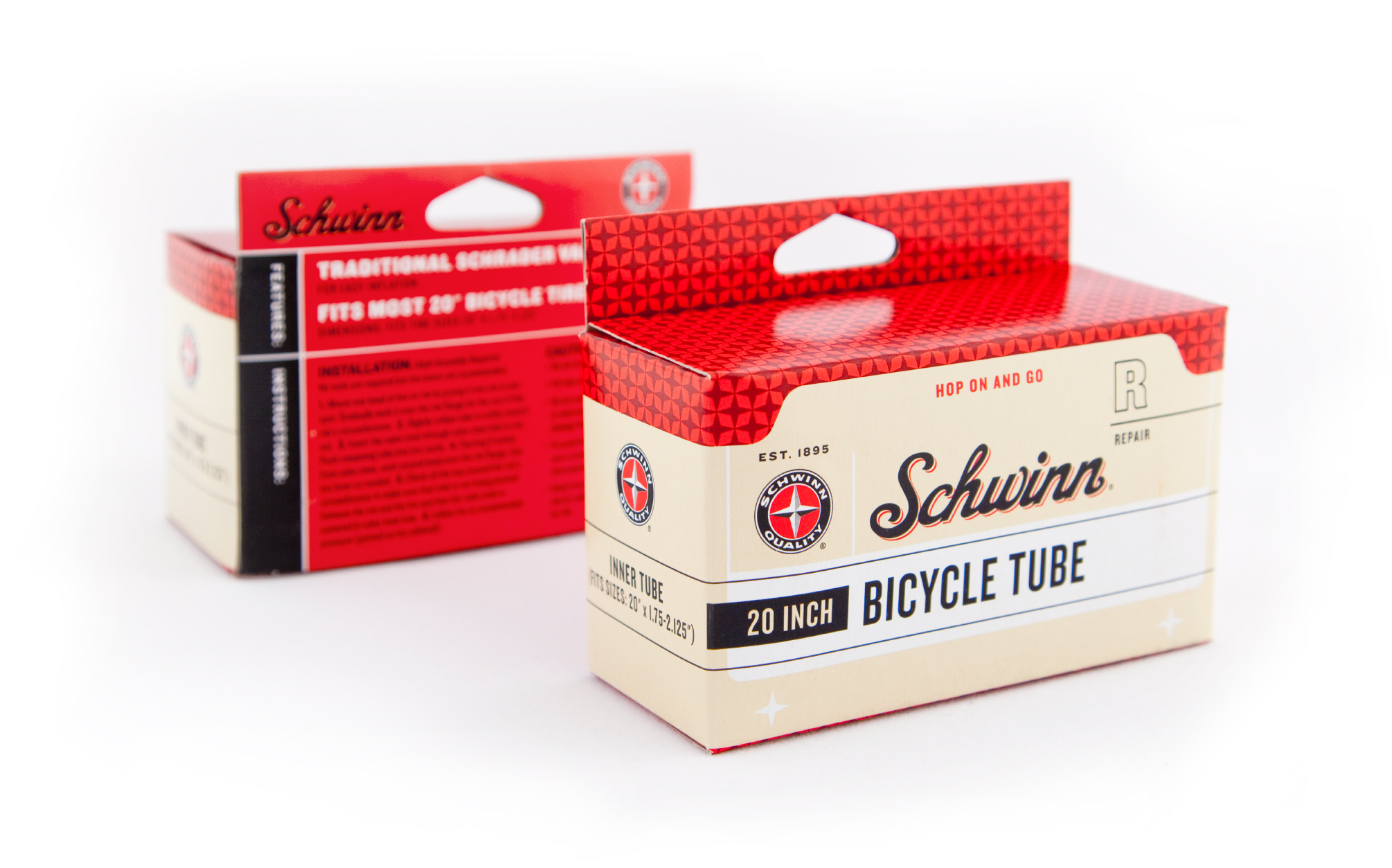 Schwinn bicycle tube packaging showing front and back branding and graphics.